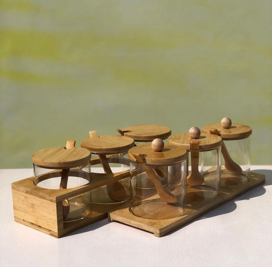 3pcs Glass Spice Jar Set with Wooden stand and spoonsβ¨
