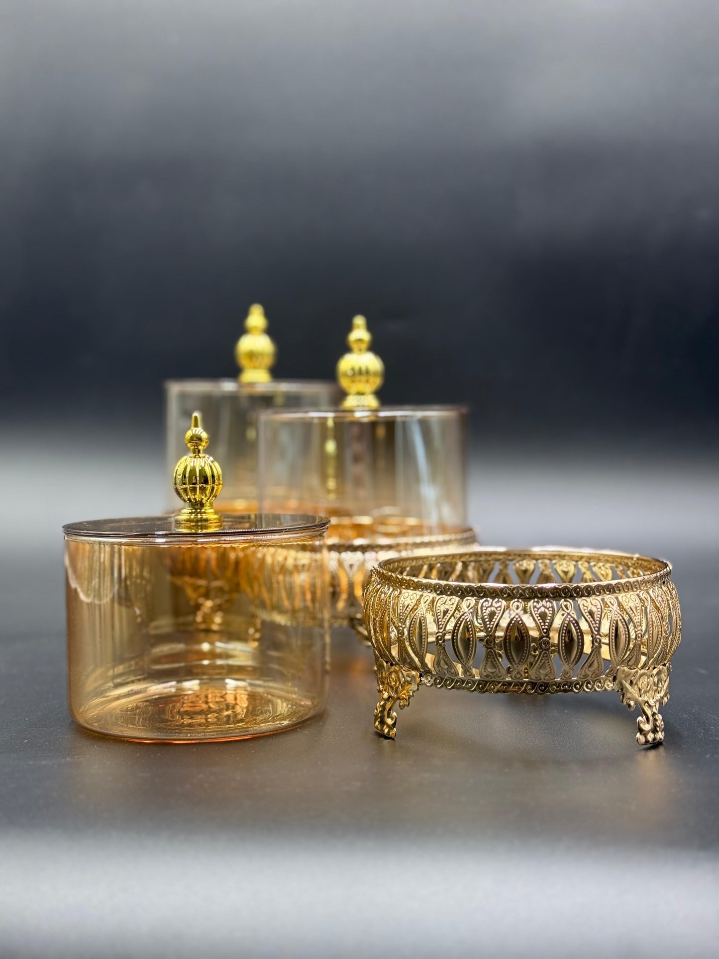 3 Pcs Golden Glass Storage Jars with Metal Stands✨