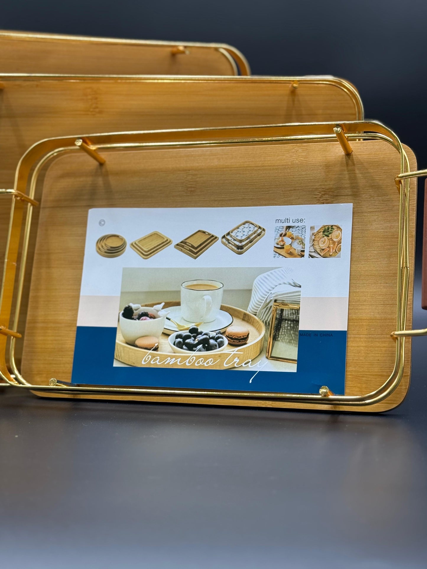 3 Pcs Golden Rim Bamboo Tray Set ✨