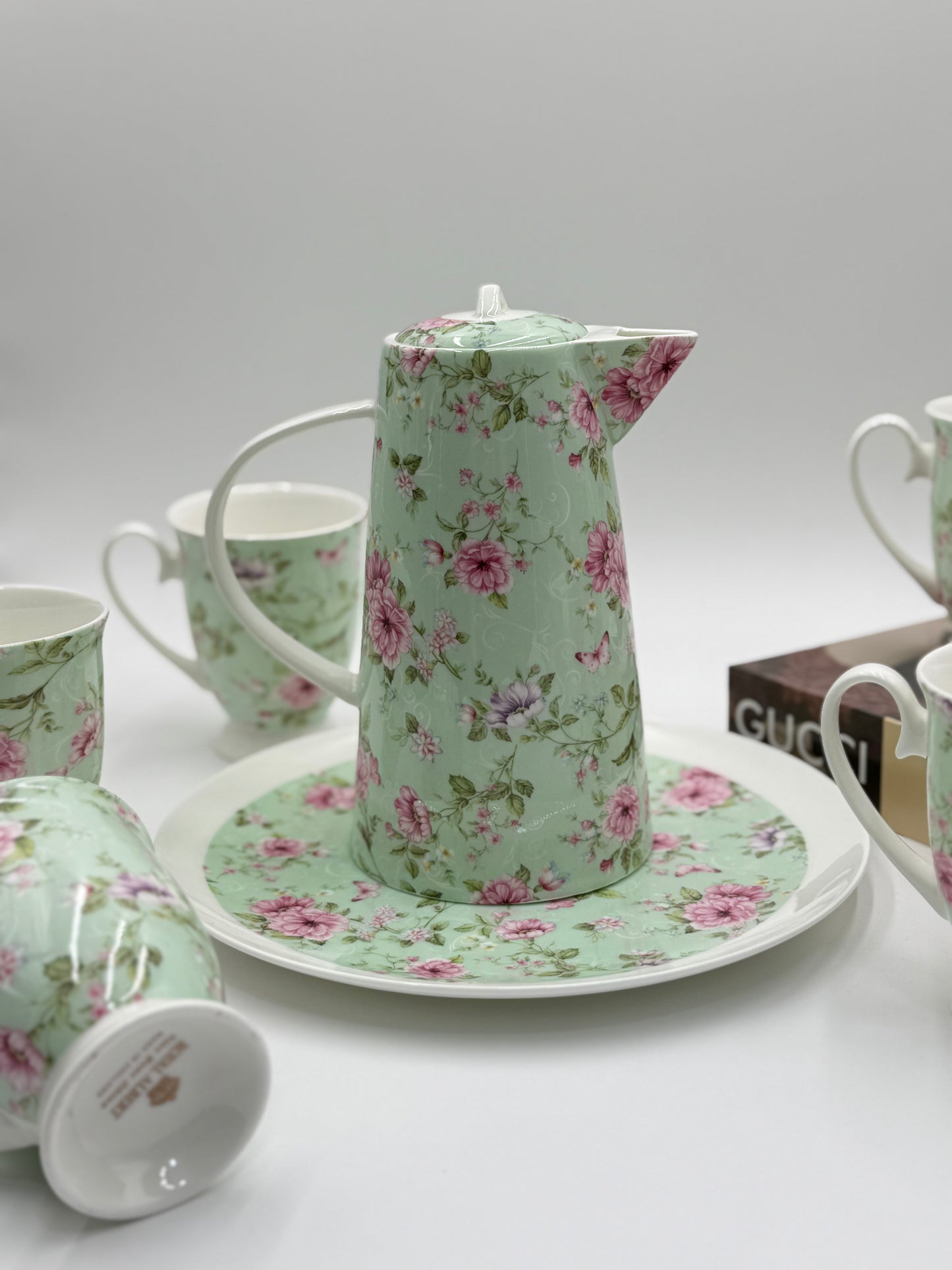 8 Pcs Royal Albert Blossom Rose Mist Tea Set with Round Plate ๐