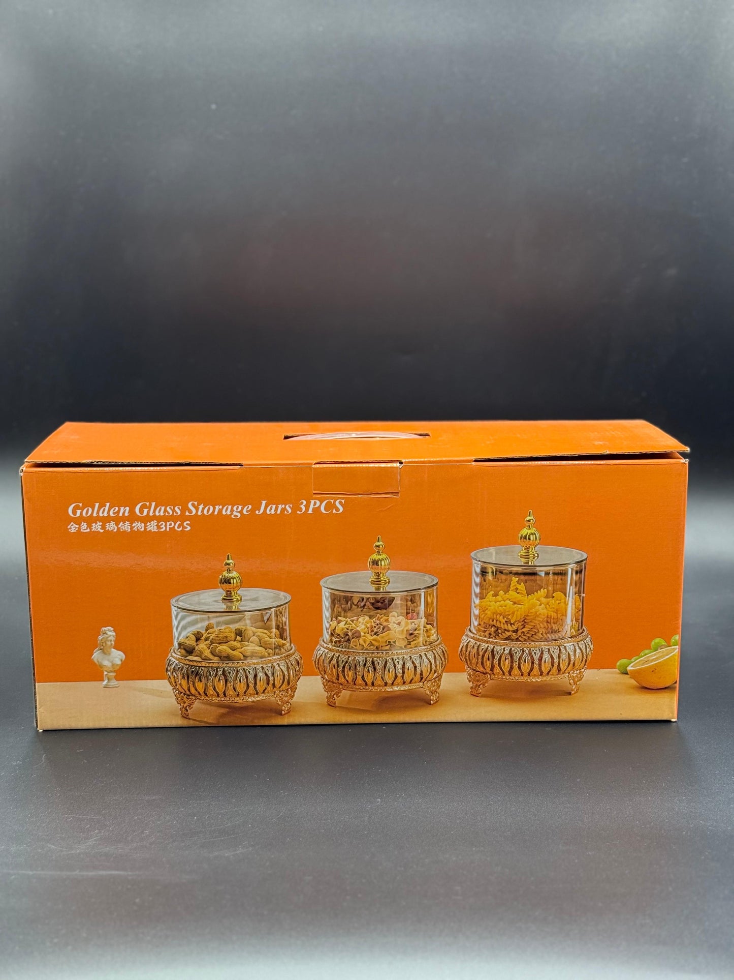 3 Pcs Golden Glass Storage Jars with Metal Stands✨