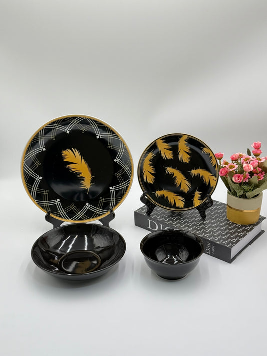 Black Beauty🖤: 24 Pcs Feather Design Black Porcelain Plate Set with Bowls 🪶