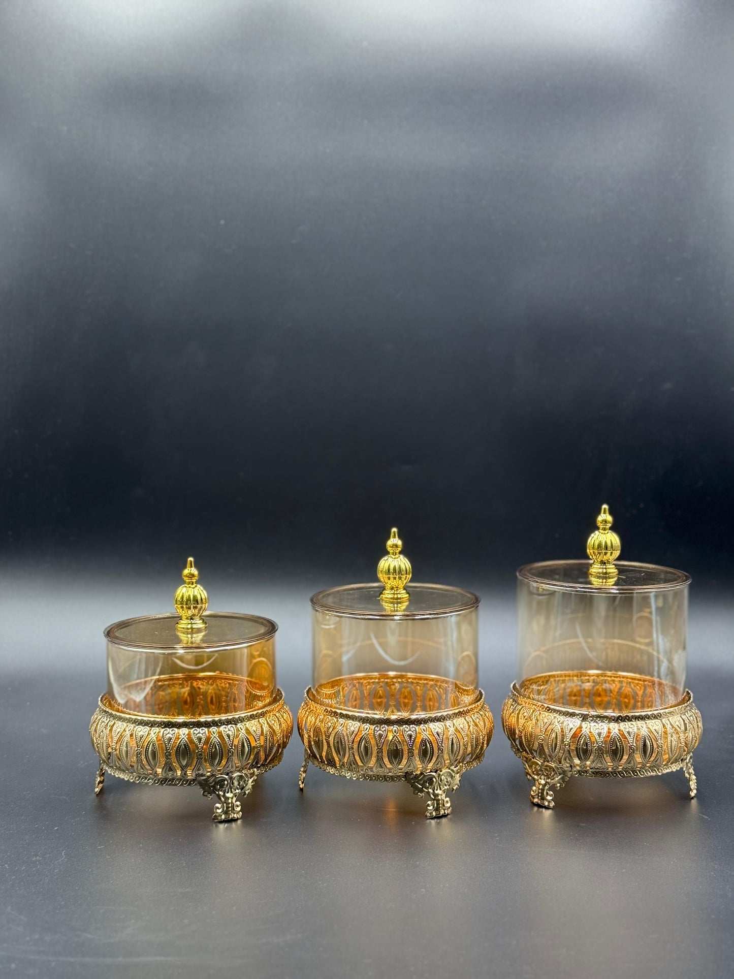 3 Pcs Golden Glass Storage Jars with Metal Stands✨