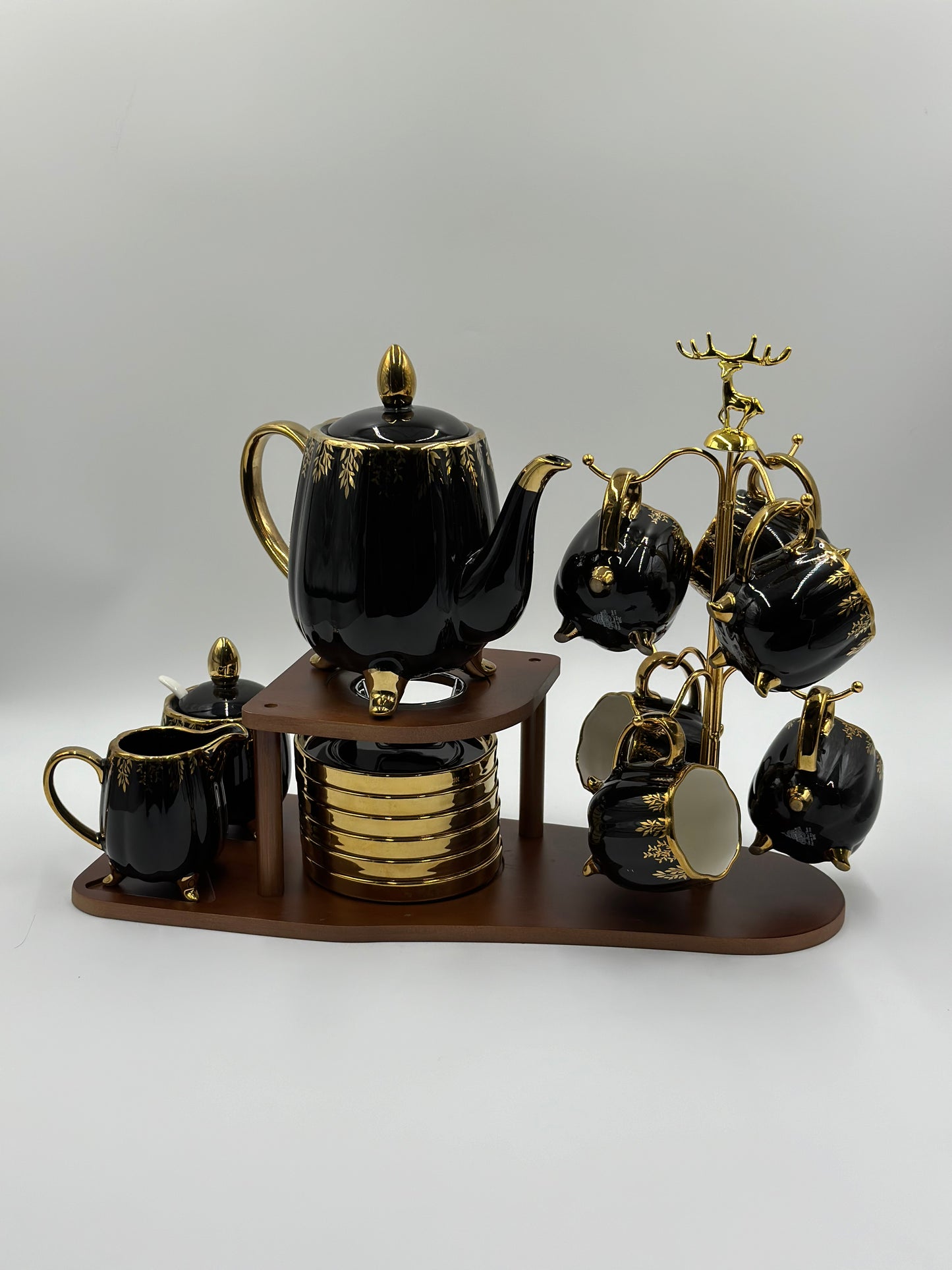 24K Gold Plated 20pcs Ceramic Tea Set with Wooden Stand