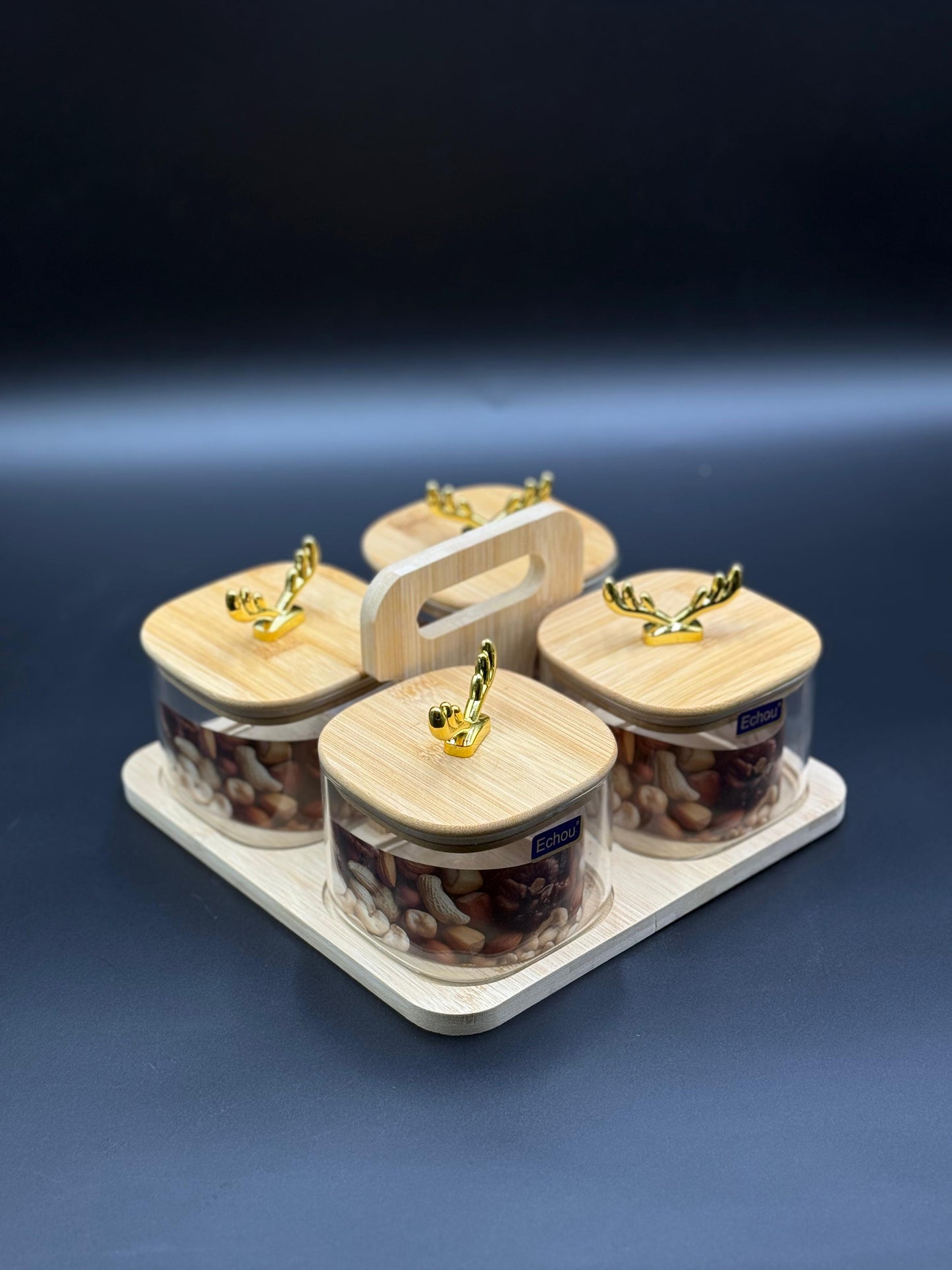 4 Pcs Airtight Glass Jar Set with Crown Lid and Bamboo Stand✨