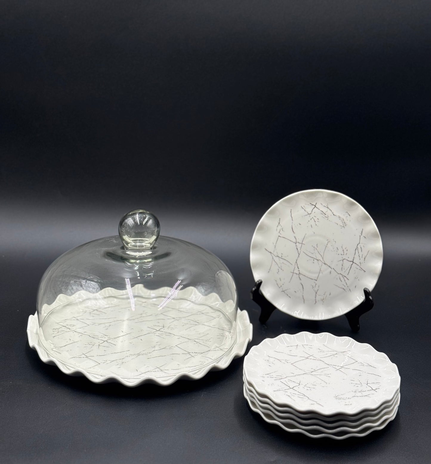 9 Pcs White Marble Design Ceramic Cake Dish with Serving Plates πβ¨