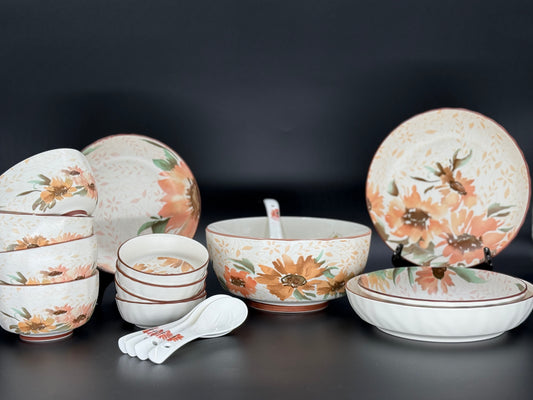 18 Pcs Matt Bone China Sunflower Breakfast Set with Printed Spoons🌻