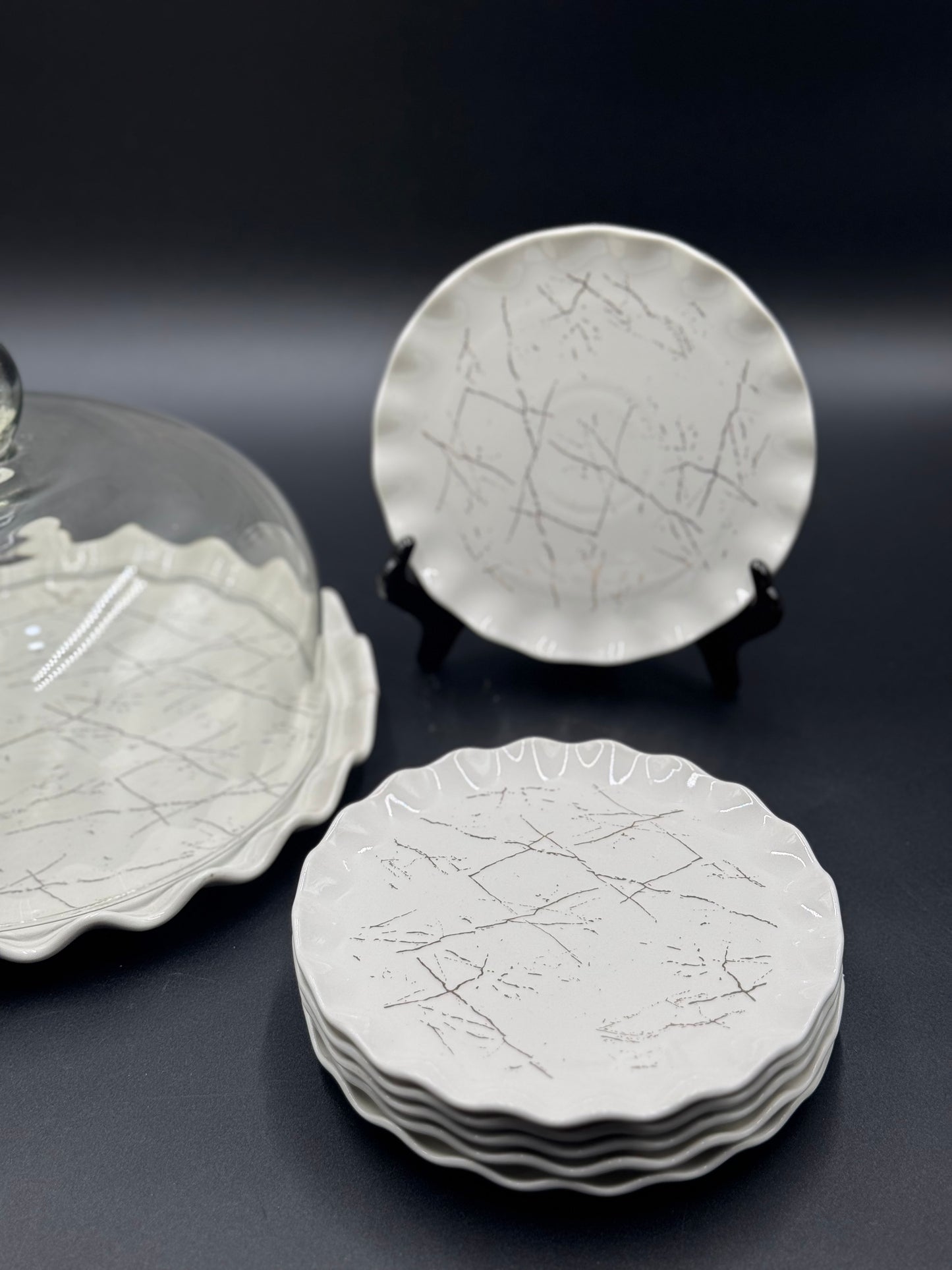 9 Pcs White Marble Design Ceramic Cake Dish with Serving Plates πβ¨