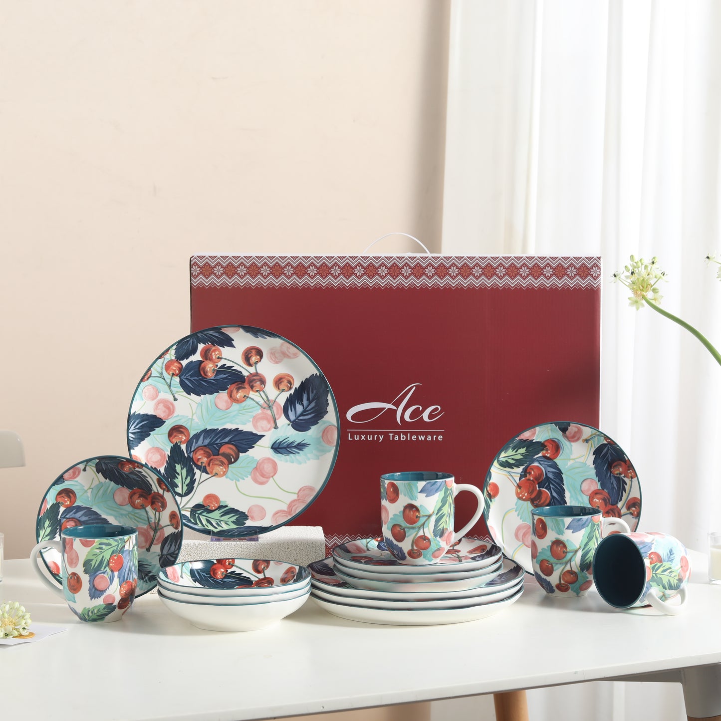 π Cherry Bloom- 16 pcs Handmade Matte Ceramic Dinner Set