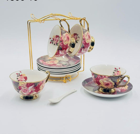 12 Pcs Vintage Flower Fine Bone China Cup & Saucer Set with Stand & Spoons πΊ