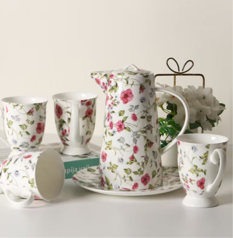 8 Pcs Royal Albert Crimson Vine Bloom Tea Set with Round Plate ๐