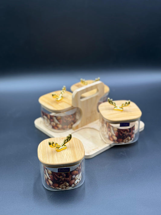 4 Pcs Airtight Glass Jar Set with Crown Lid and Bamboo Stand✨