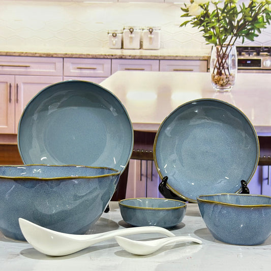 18 Pcs Handmade Bone China Greyish Blue Breakfast Set 🍽️