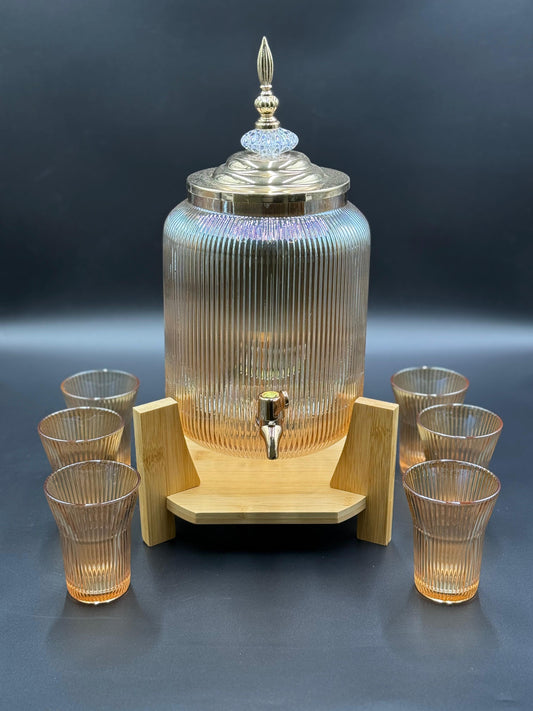 8 Pcs Textured Amber Royal Dispenser Set with Bamboo Stand 🍷✨