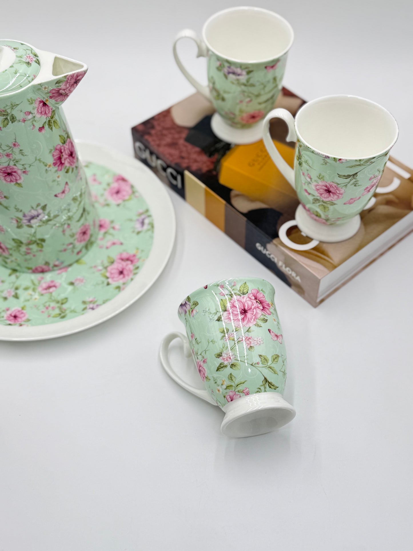 8 Pcs Royal Albert Blossom Rose Mist Tea Set with Round Plate ๐
