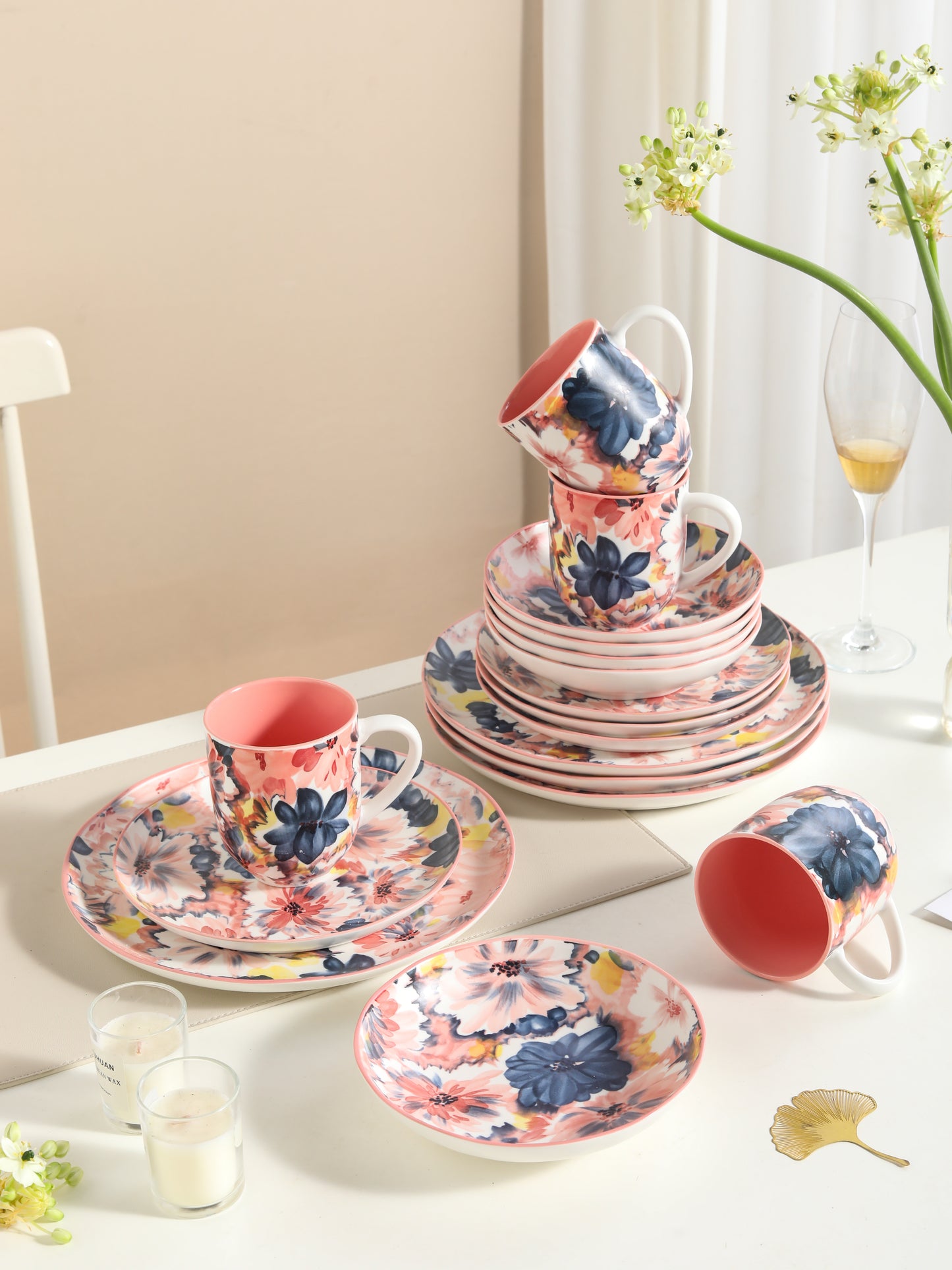 πΊ Coral Bloom- 16 pcs Handmade Matte Ceramic Breakfast Set
