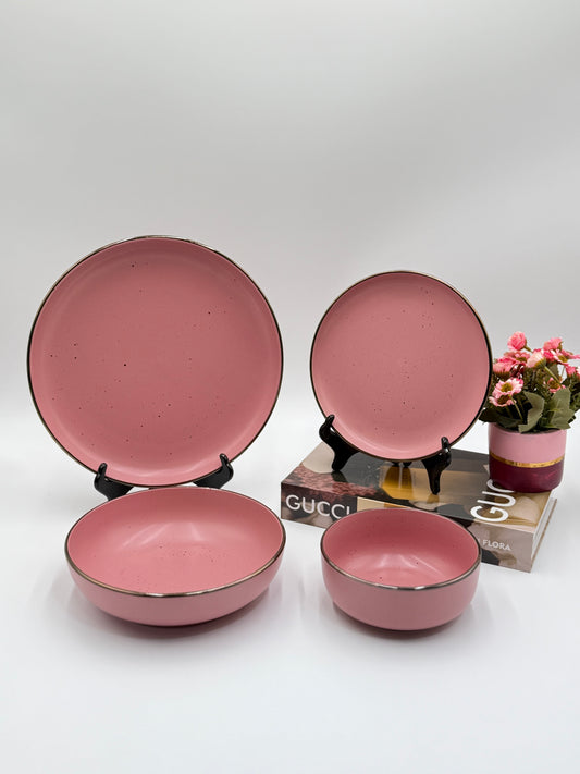 16 Pcs Stoneware Plate Set with Bowls and Silver Outline 🍽️