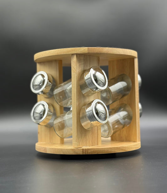 8 Pcs Spice Containers Set with Rotating Bamboo Stand