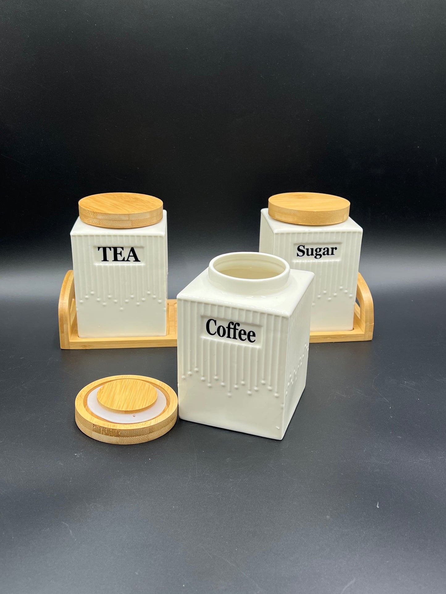 3 Pcs Air-Tight Ceramic Sugar Tea Coffee Jars Set with Bamboo Stand