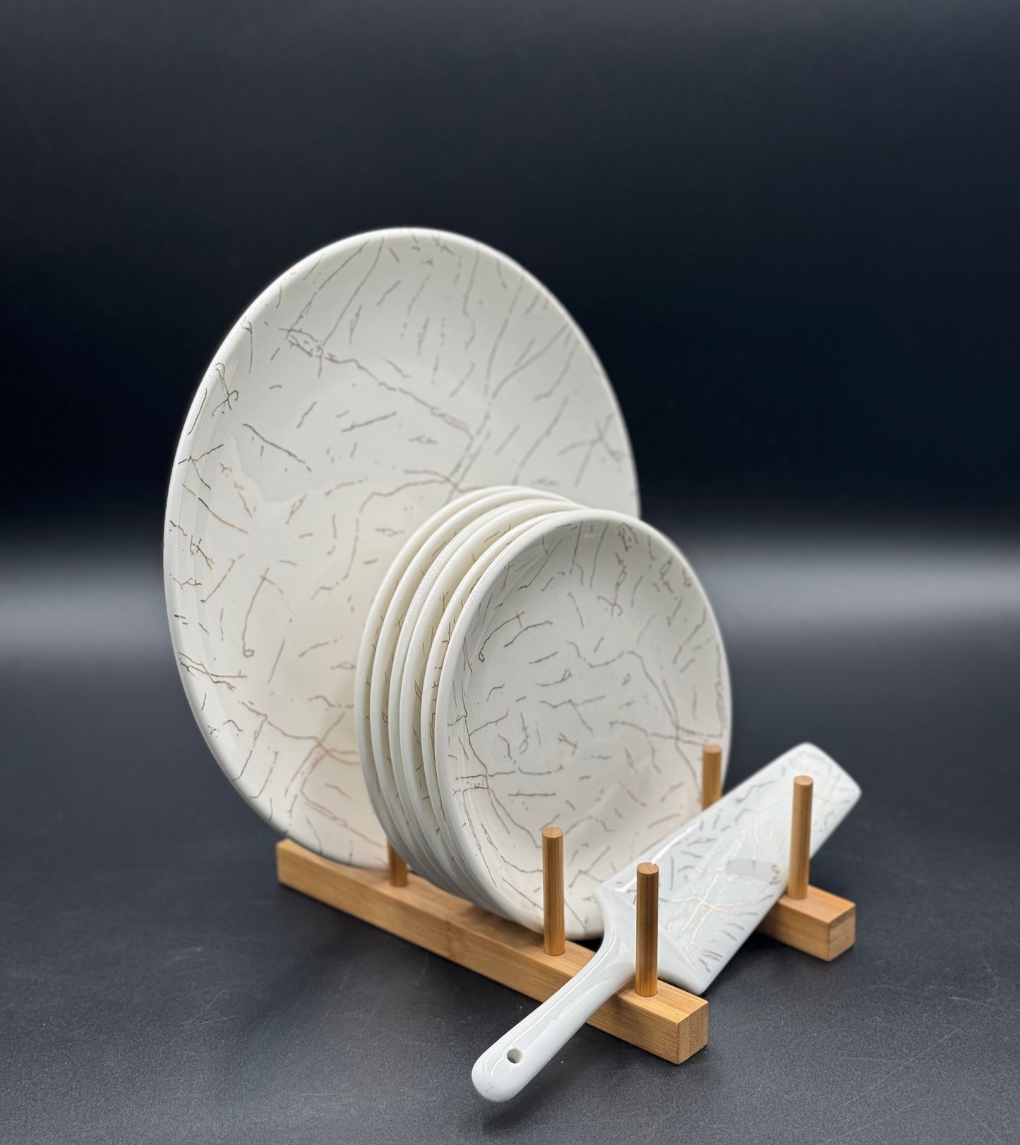 9 Pcs White Marble Design Round Cake Plate Set with Stand 🎂✨