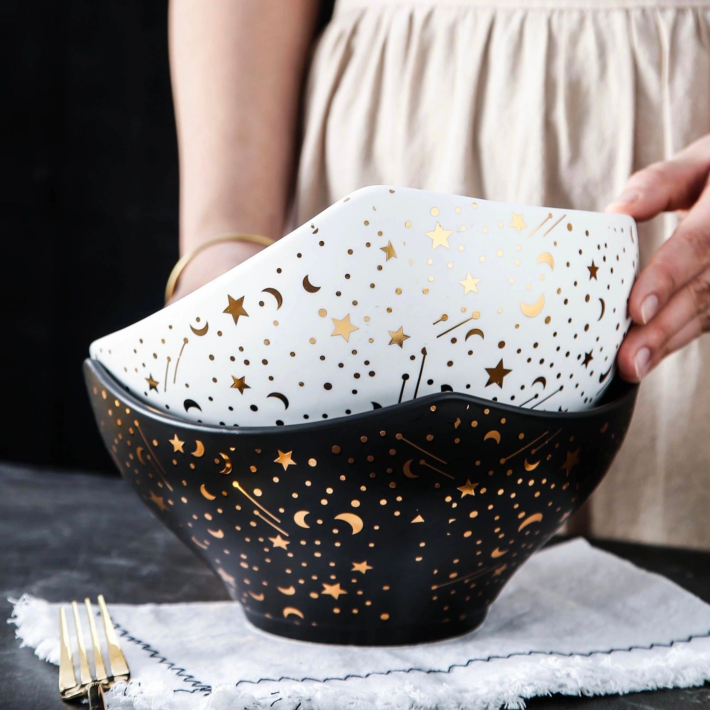 Large Galaxy Ceramic Serving  Bowl with Wooden Stand ✨