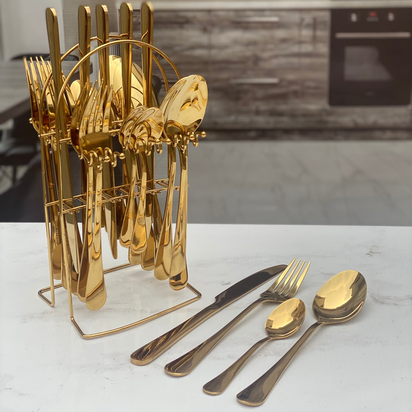 Golden Elegance β¨π΄ - 24pcs Stainless Steel Cutlery Set with Stand
