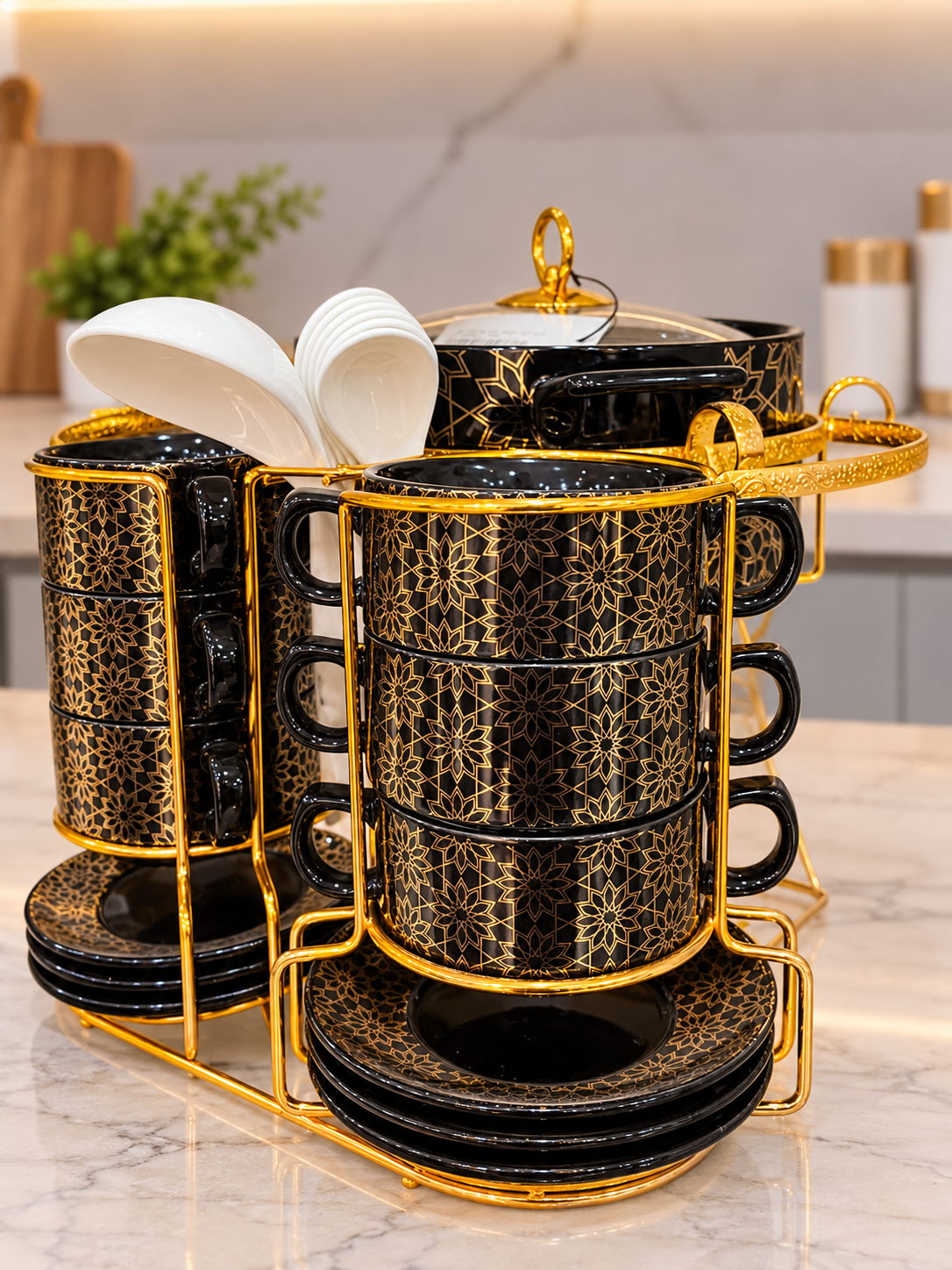 22 Pcs White Noir & Black Gold Soup Set