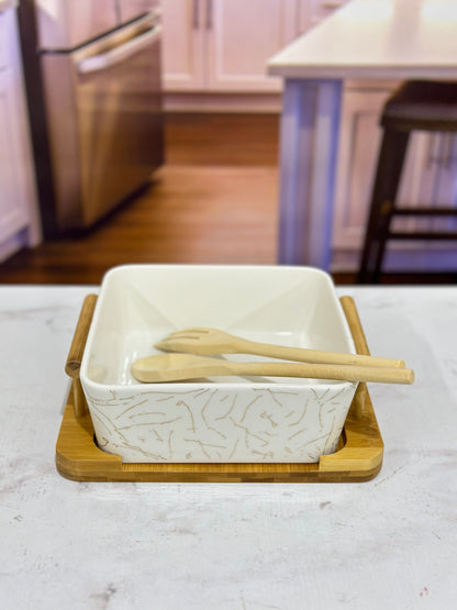 Black/White Marble Design Ceramic Chow Mein Bowl with Bamboo Spoon-Fork and Stand ✨