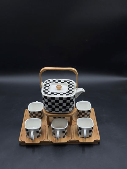 16 Pcs Box Pattern Ceramic Tea Set with Wooden Saucers ☕️✨