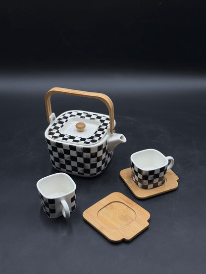 16 Pcs Box Pattern Ceramic Tea Set with Wooden Saucers ☕️✨