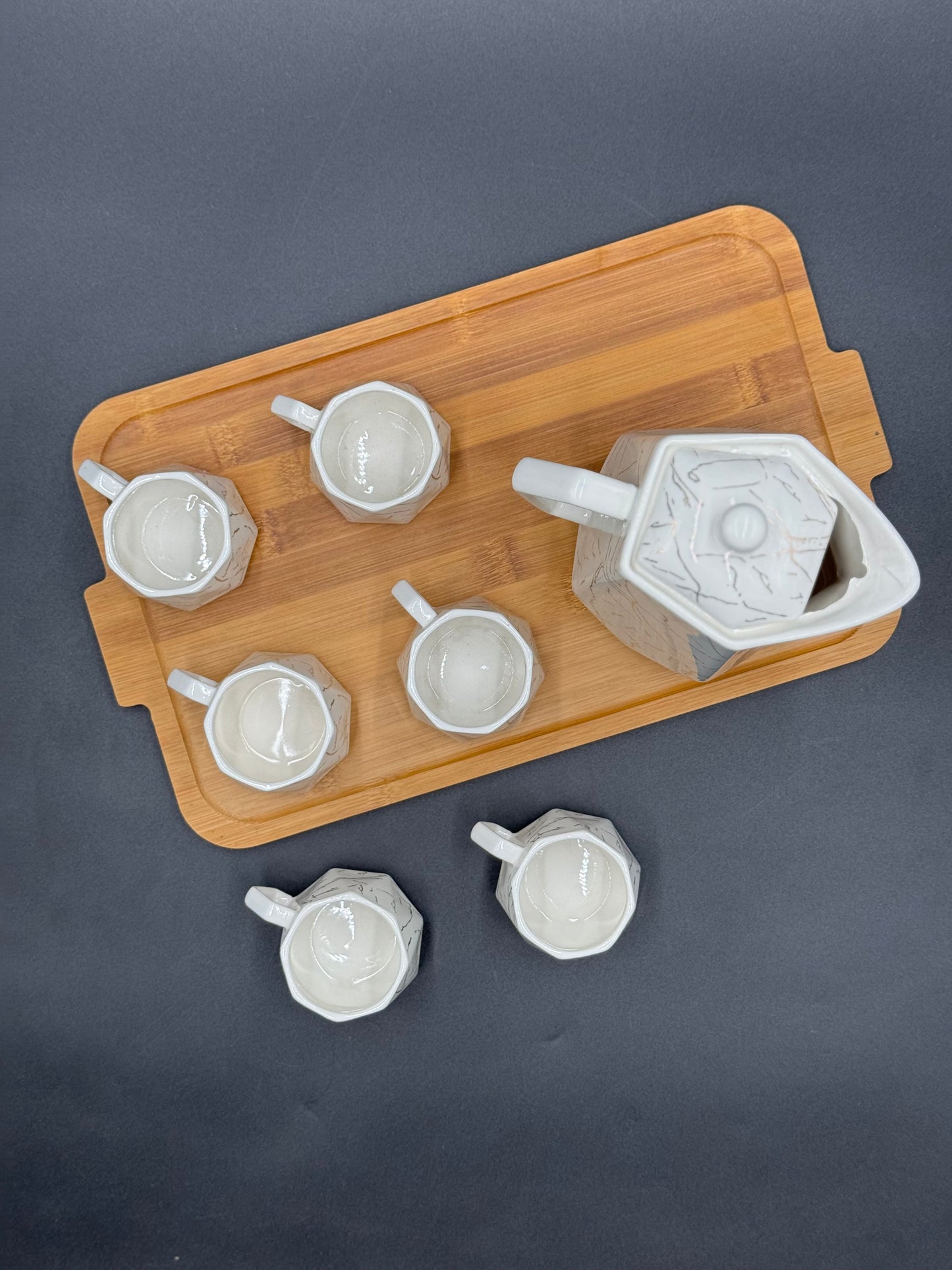 8 Pcs White Marble Design Ceramic Kehwa Set with Wooden Tray ☕️✨