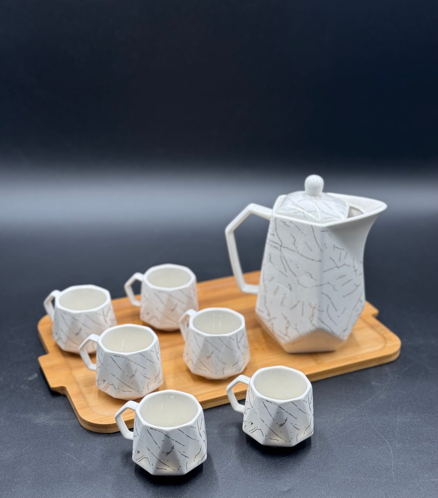 8 Pcs White Marble Design Ceramic Kehwa Set with Wooden Tray ☕️✨