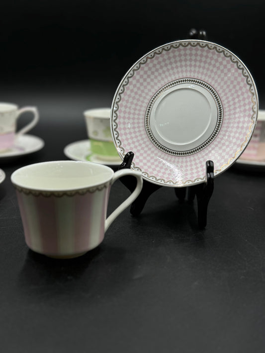 12 Pcs Pink Stripes Fine Bone China Cup & Saucer Set ✨