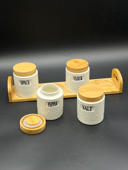 4 Pcs Air-Tight Ceramic Spice Jars Set with Bamboo Stand