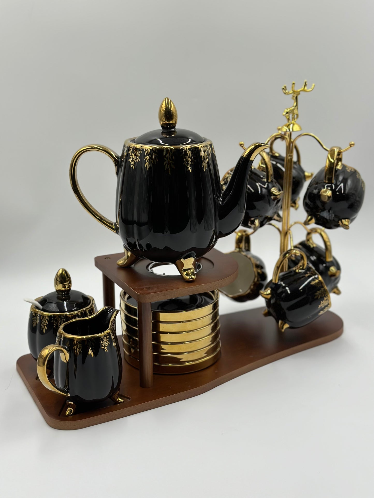 24K Gold Plated 20pcs Ceramic Tea Set with Wooden Stand