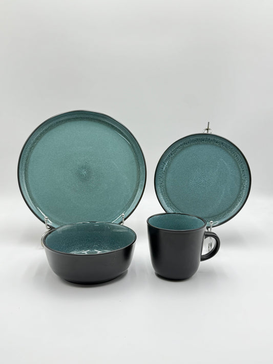 16 Pcs Teal & Matte Black Reactive Glazed Breakfast Set 💥