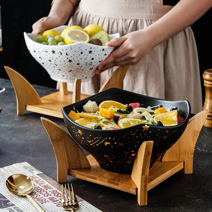 Large Galaxy Ceramic Serving  Bowl with Wooden Stand ✨