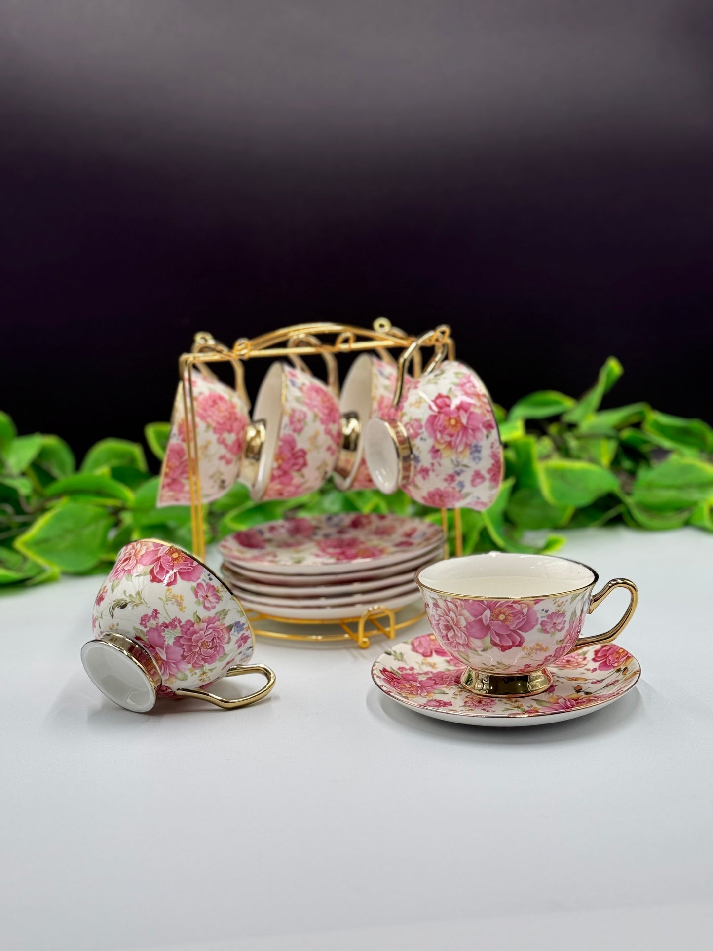 12 Pcs Blossom Flower Fine Bone China Cup & Saucer Set with Stand🌺