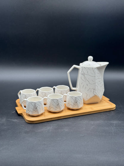 8 Pcs White Marble Design Ceramic Kehwa Set with Wooden Tray ☕️✨