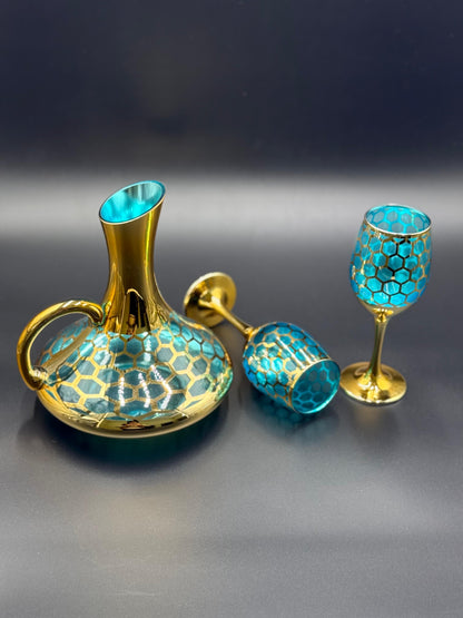 24K Gold Plated 7 Pcs Turkey Blue Glass Waterset