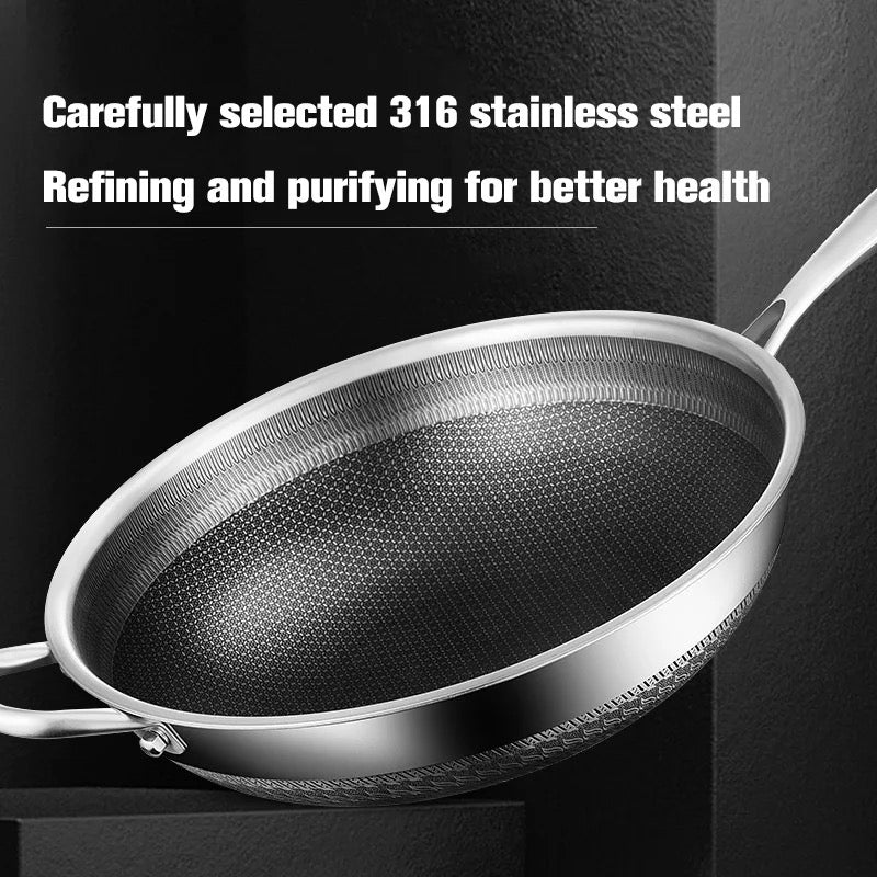 Double Sided Honeycomb Non-Stick 316 Stainless Steel Wok Pan with Lid ♨️