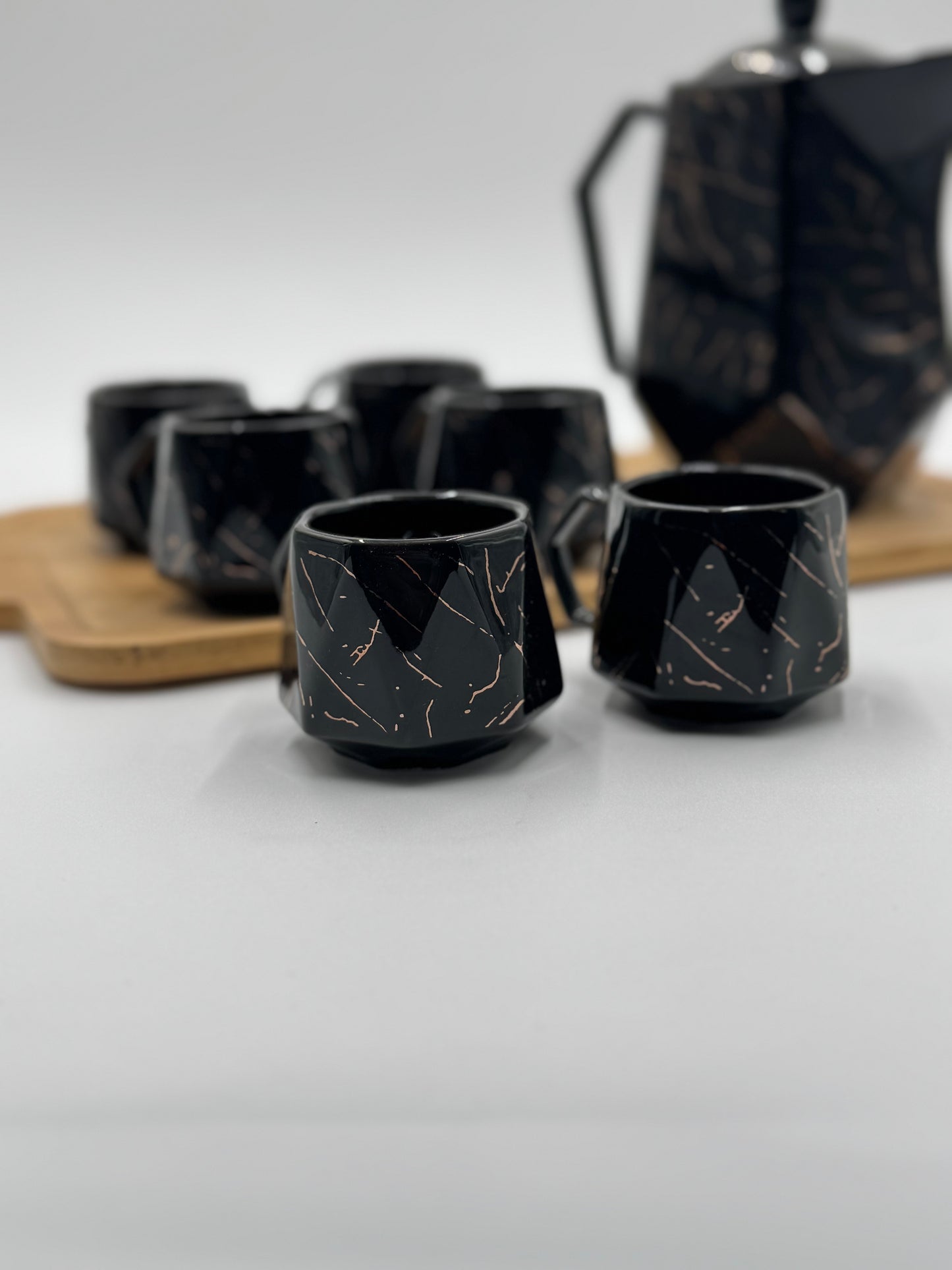 8 Pcs Black Marble Design Ceramic Kehwa Set with Tray ☕️✨