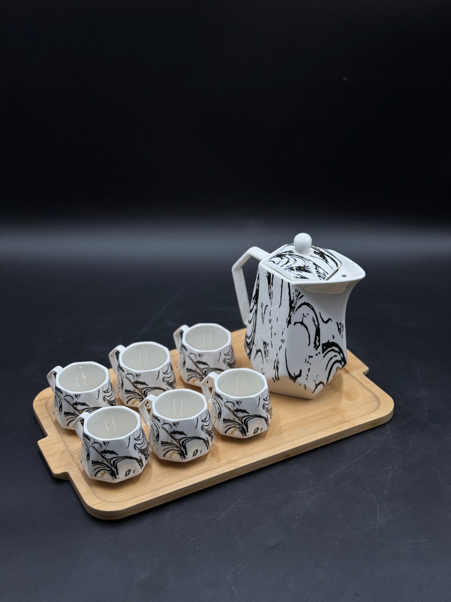 8 Pcs Abstract Pattern Ceramic Kehwa Set with Wooden Tray ☕️✨