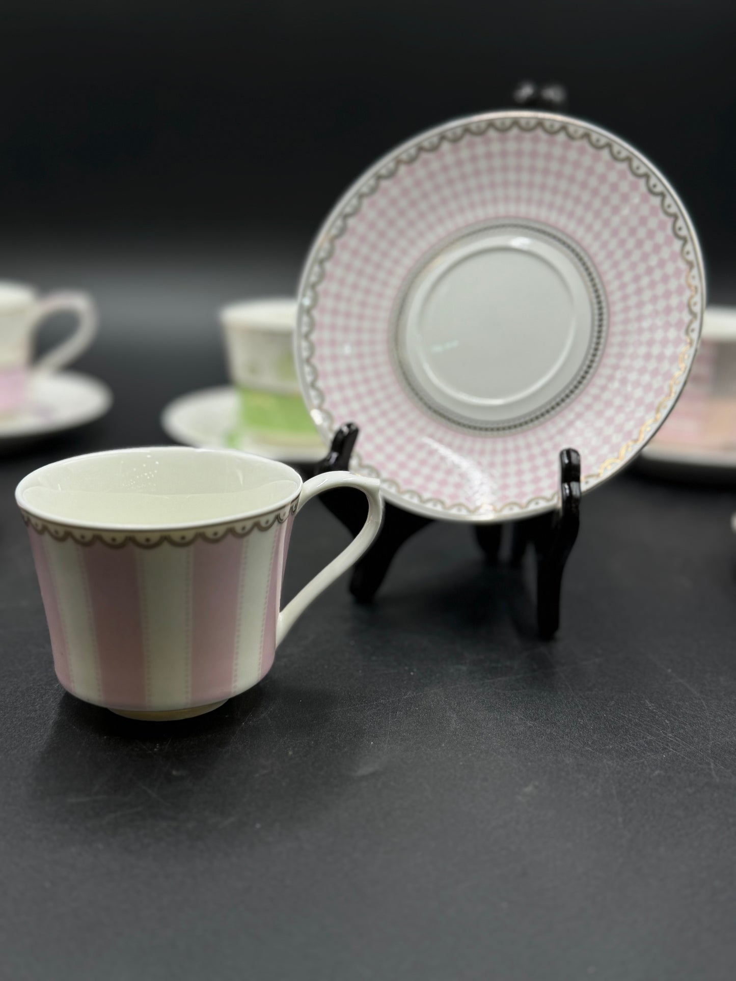 12 Pcs Pink Stripes Fine Bone China Cup & Saucer Set ✨