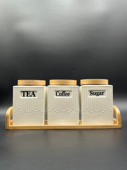 3 Pcs Air-Tight Ceramic Sugar Tea Coffee Jars Set with Bamboo Stand