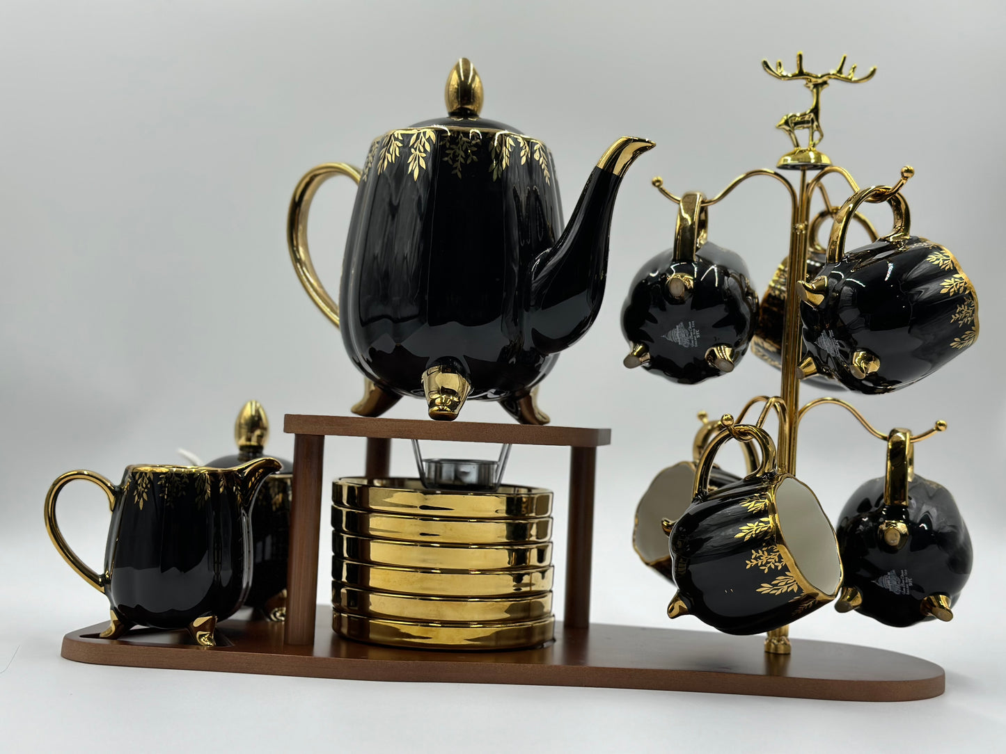 24K Gold Plated 20pcs Ceramic Tea Set with Wooden Stand