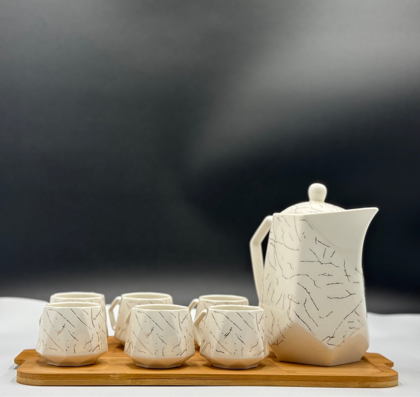 8 Pcs White Marble Design Ceramic Kehwa Set with Wooden Tray ☕️✨