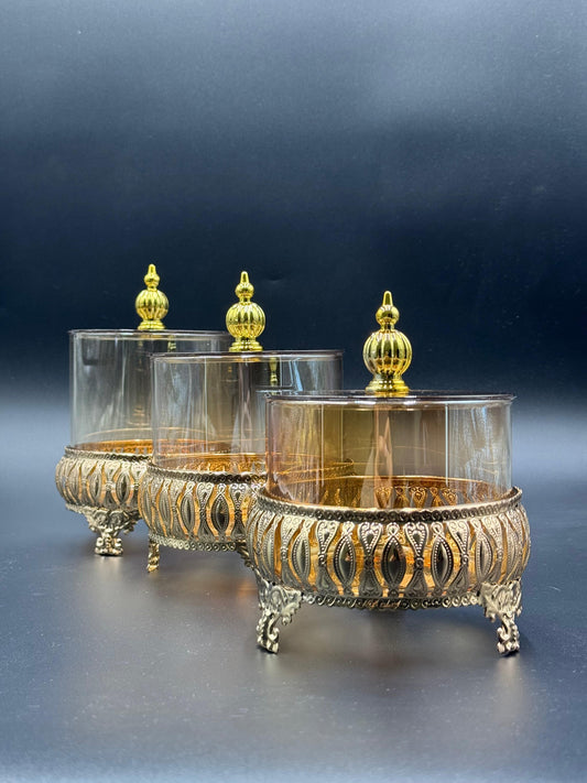 3 Pcs Golden Glass Storage Jars with Metal Stands✨