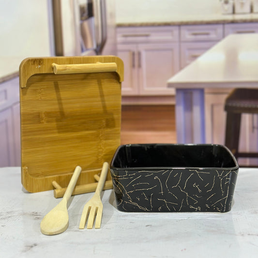 Black/White Marble Design Ceramic Chow Mein Bowl with Bamboo Spoon-Fork and Stand ✨