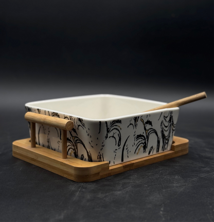 Abstract Pattern Ceramic Chow Mein Bowl with Bamboo Spoon-Fork and Stand ✨